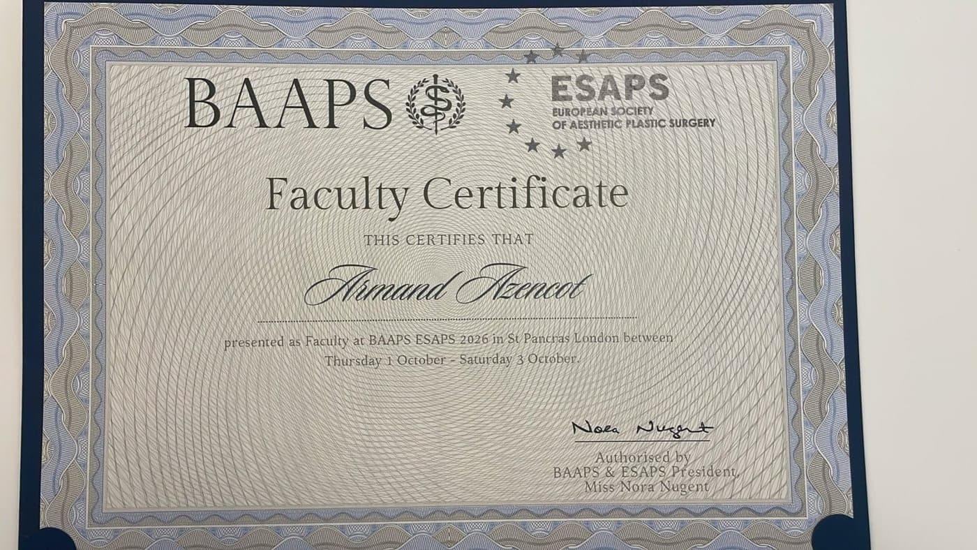 Faculty Certificate issued to Dr Armand Azencot by BAAPS and ESAPS, October 2026